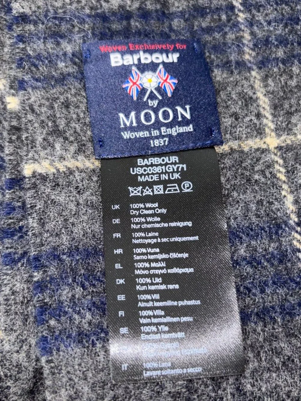 Barbour by Moon 100% Wool Scarf Made in England Tartan Check Gray Blue